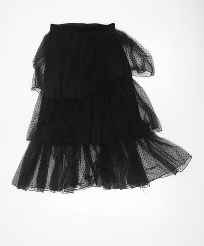 Zara Women Black Polka Dot Layered Chiffon Midi Skirt S