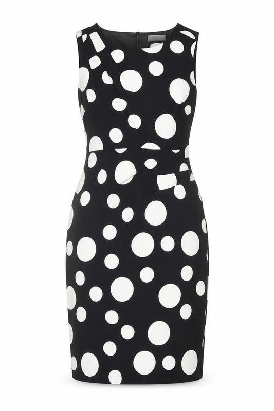 Front view of Soon Women's Black Polka Dot Sheath Dress, size 12, Sleeveless V-Neck Lined