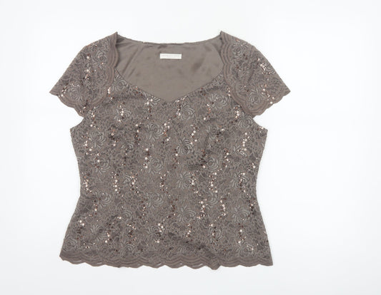 Jacques Vert Petite Women’s Brown Sequin Lace Short Sleeve Top UK 14