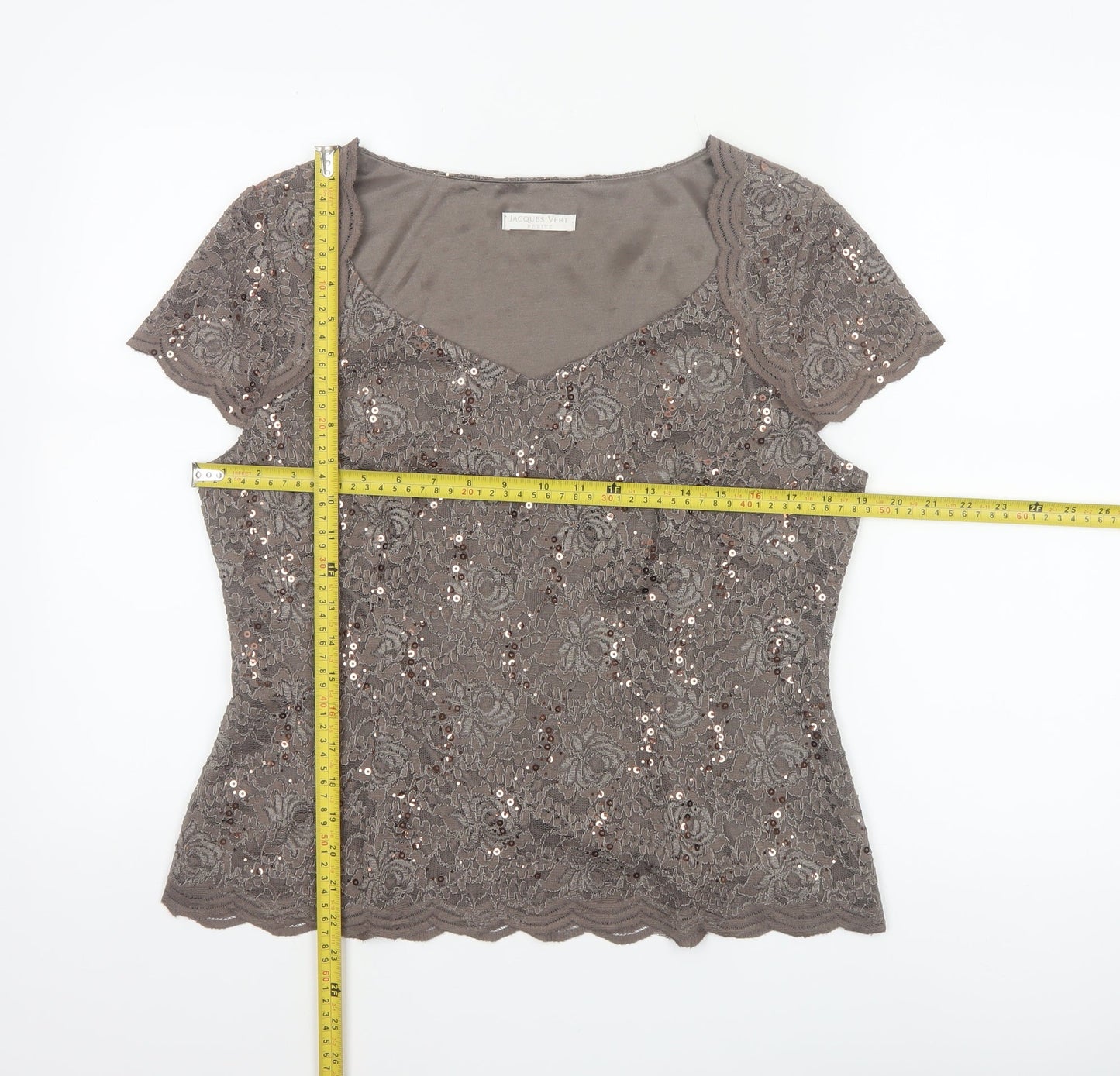 Jacques Vert Petite Women’s Brown Sequin Lace Short Sleeve Top UK 14