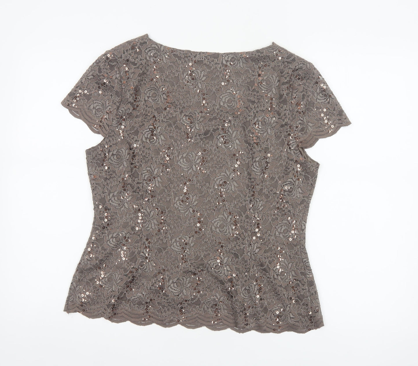 Jacques Vert Petite Women’s Brown Sequin Lace Short Sleeve Top UK 14