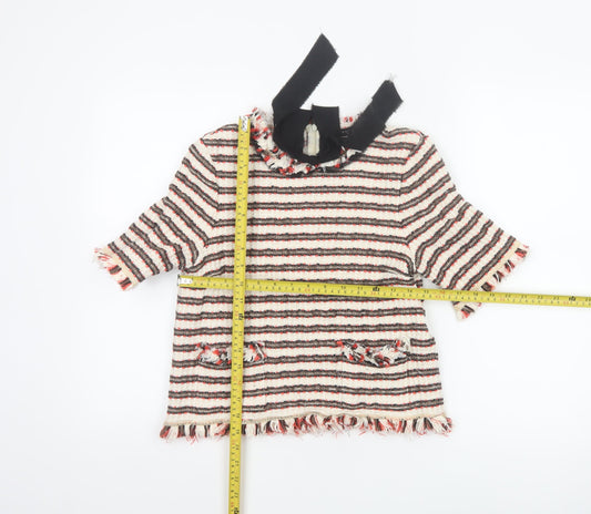 Zara Woman Multicoloured Striped Tweed Blouse with Bow Neck in Size L