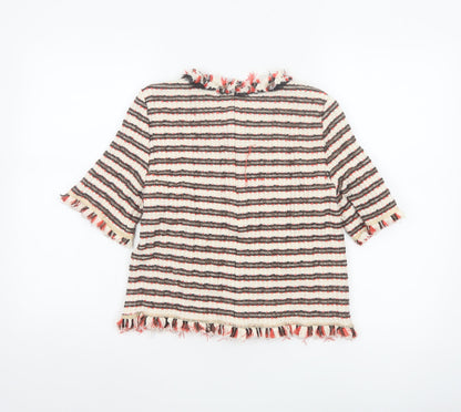 Zara Woman Multicoloured Striped Tweed Blouse with Bow Neck in Size L