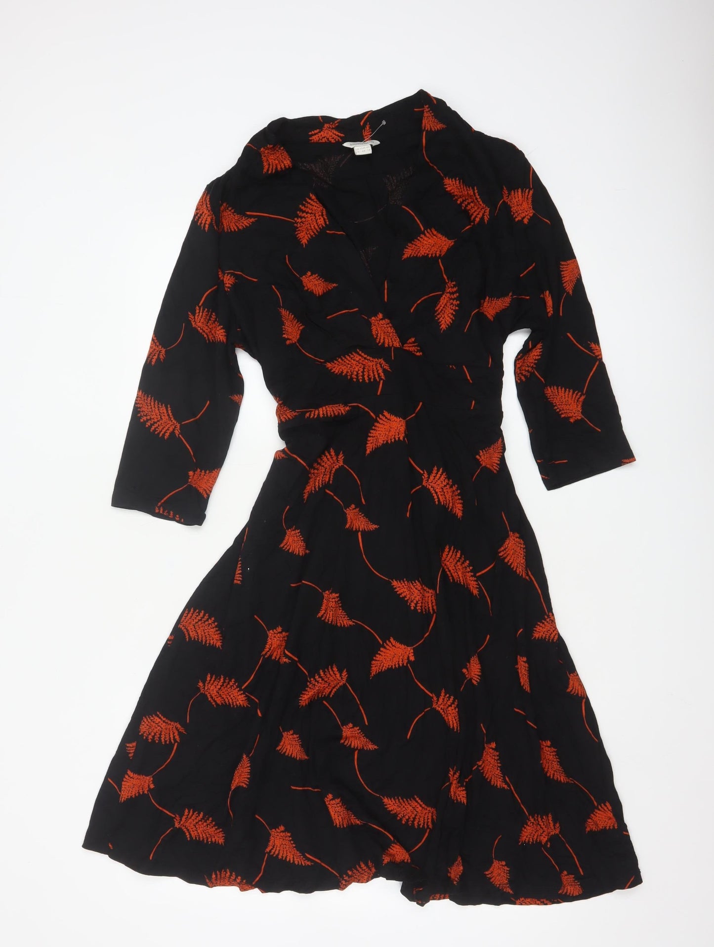 Monsoon Womens Black Red Floral Wrap Dress Size 18 Viscose 3/4 Sleeve
