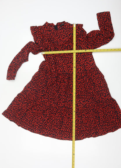 Zara Women Red Animal Print Long Sleeve Ruffle A-Line Dress XS