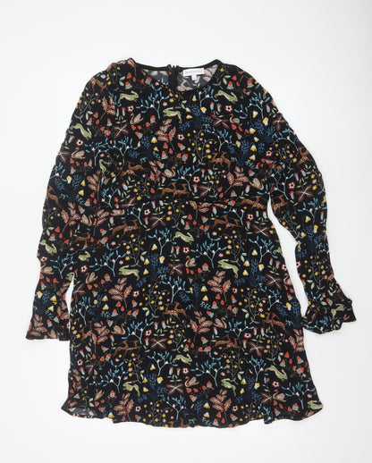Warehouse Women Black Animal Print A-Line Long Sleeve Dress Size 16