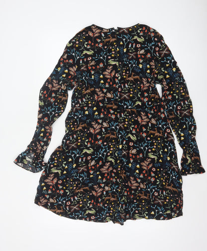 Warehouse Women Black Animal Print A-Line Long Sleeve Dress Size 16