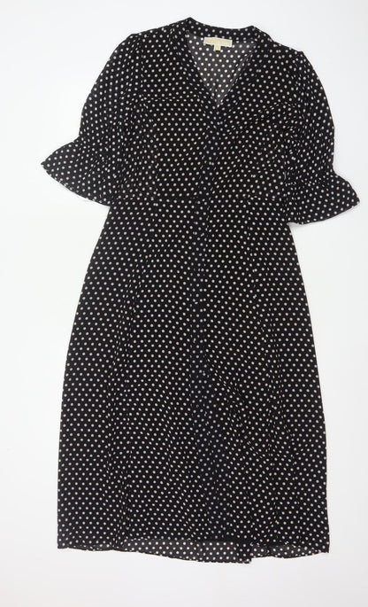 Michael Kors Women Black Polka Dot Midi Wrap Dress S