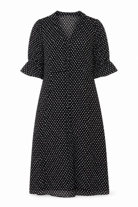 Front view of Michael Kors Women Black Polka Dot Midi Wrap Dress S