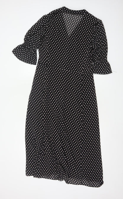 Michael Kors Women Black Polka Dot Midi Wrap Dress S