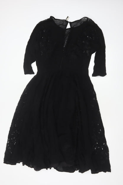Topshop Women Black Size 10 Fit & Flare Lace Knee Length Dress