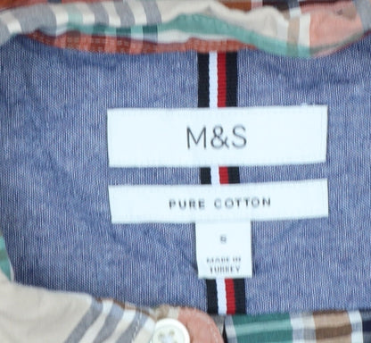 Marks and Spencer Men's Multicoloured Checked Pure Cotton Band Collar Shirt Size S