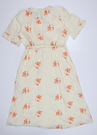 Marks and Spencer Women Cream Floral Embroidered Cotton Midi Wrap Dress Size 14