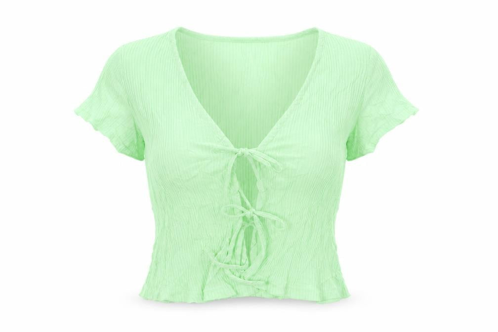 Motel Women's Green Cropped Tie Front V-Neck Top Size S