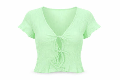 Motel Women's Green Cropped Tie Front V-Neck Top Size S