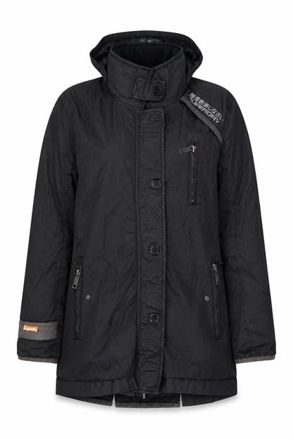 Superdry Women Black Long Trench Coat L Hooded Zip Jacket