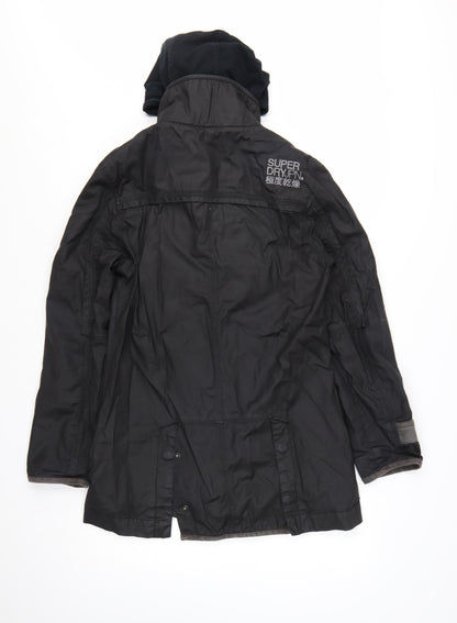Superdry Women Black Long Trench Coat L Hooded Zip Jacket
