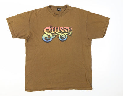 Stussy Men's Brown Graphic Logo T-Shirt Large Cotton Short Sleeve