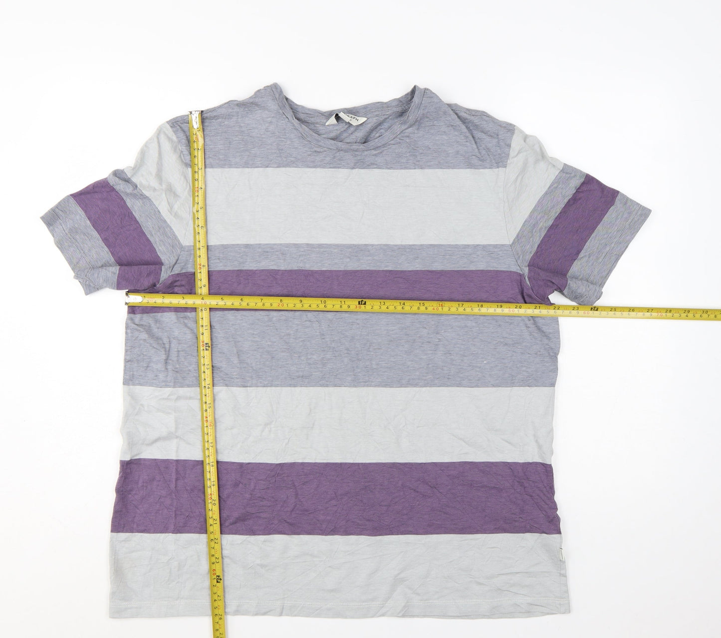 Marks and Spencer Autograph Men's Grey & Purple Striped Cotton T-Shirt XL
