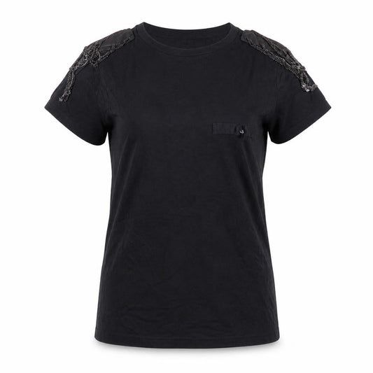 Zara Women Black Basic Beaded Shoulder Short Sleeve T-Shirt M