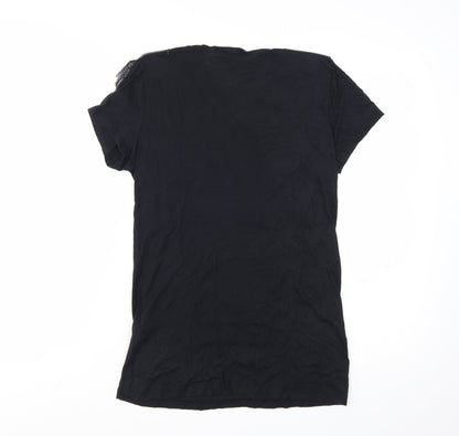 Zara Women Black Basic Beaded Shoulder Short Sleeve T-Shirt M