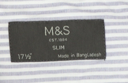 Marks and Spencer Men’s Blue Striped Slim Fit 17.5in Dress Shirt