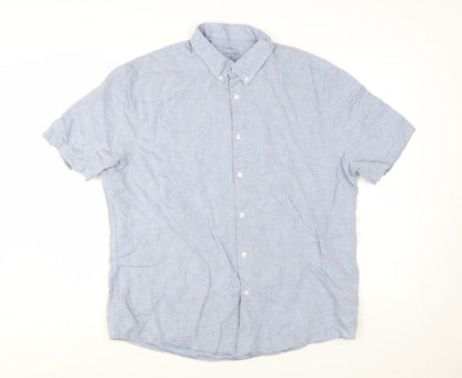 Marks and Spencer Men's Blue Linen Blend Short Sleeve Shirt XL Regular Fit