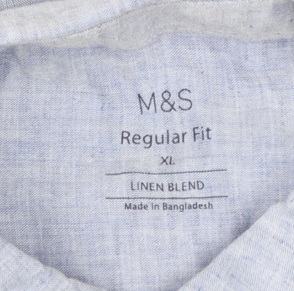 Marks and Spencer Men's Blue Linen Blend Short Sleeve Shirt XL Regular Fit