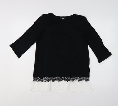 Wallis Women’s Black Lace Hem Tunic Blouse UK 8 Viscose Mix 3/4 Sleeve
