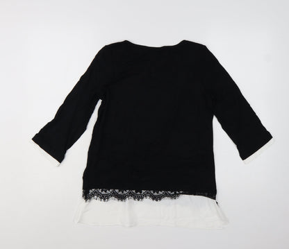 Wallis Women’s Black Lace Hem Tunic Blouse UK 8 Viscose Mix 3/4 Sleeve
