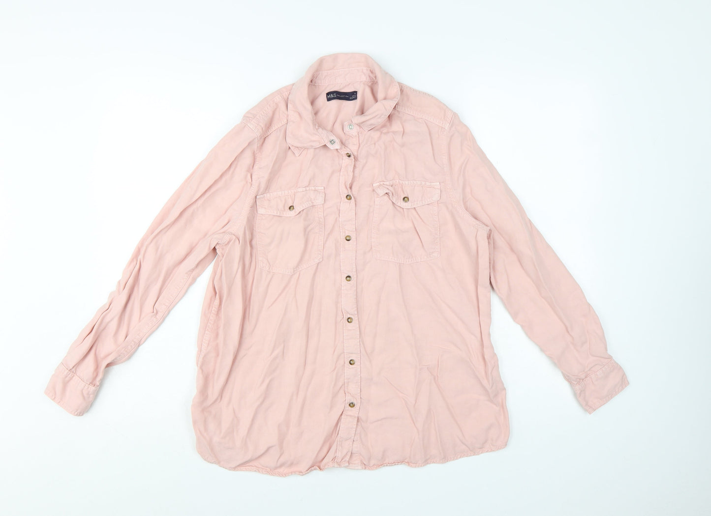 Marks and Spencer Women Pink Lyocell Button-Up Long Sleeve Shirt Size 14