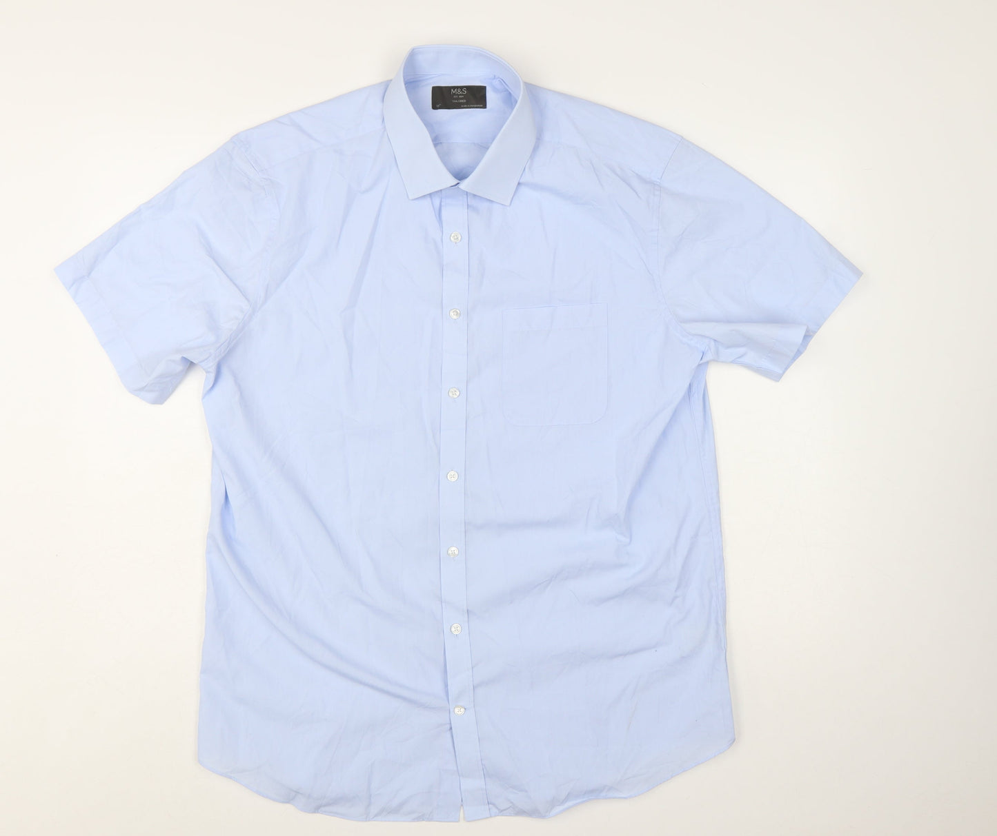 Marks and Spencer Men's Blue Tailored Short Sleeve Dress Shirt 17in Collared