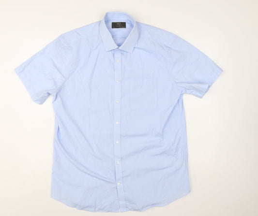 Marks and Spencer Men's Blue Tailored Short Sleeve Dress Shirt 17in Collared