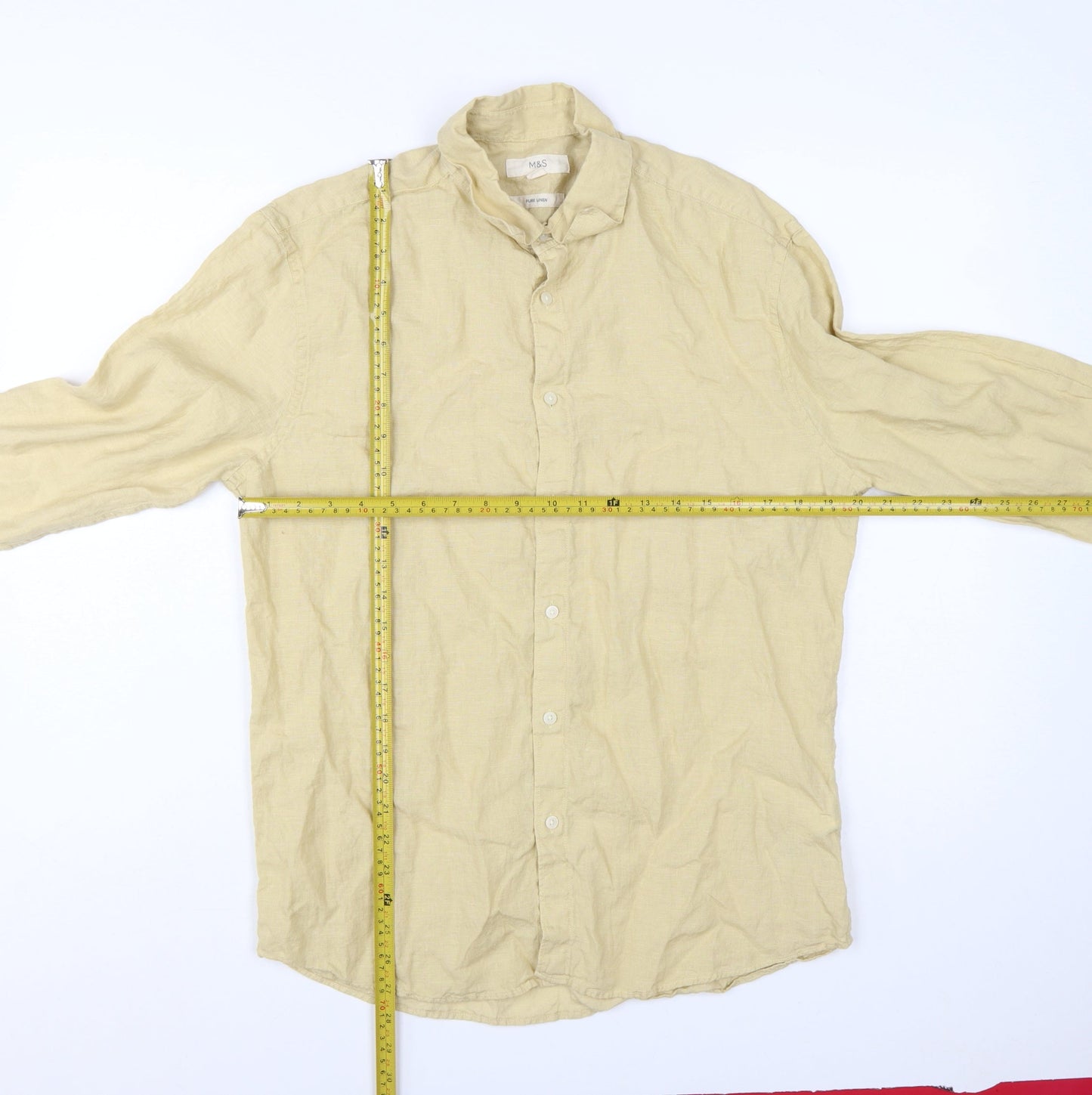 Marks and Spencer Men's Beige Linen Long Sleeve Regular Fit Shirt L
