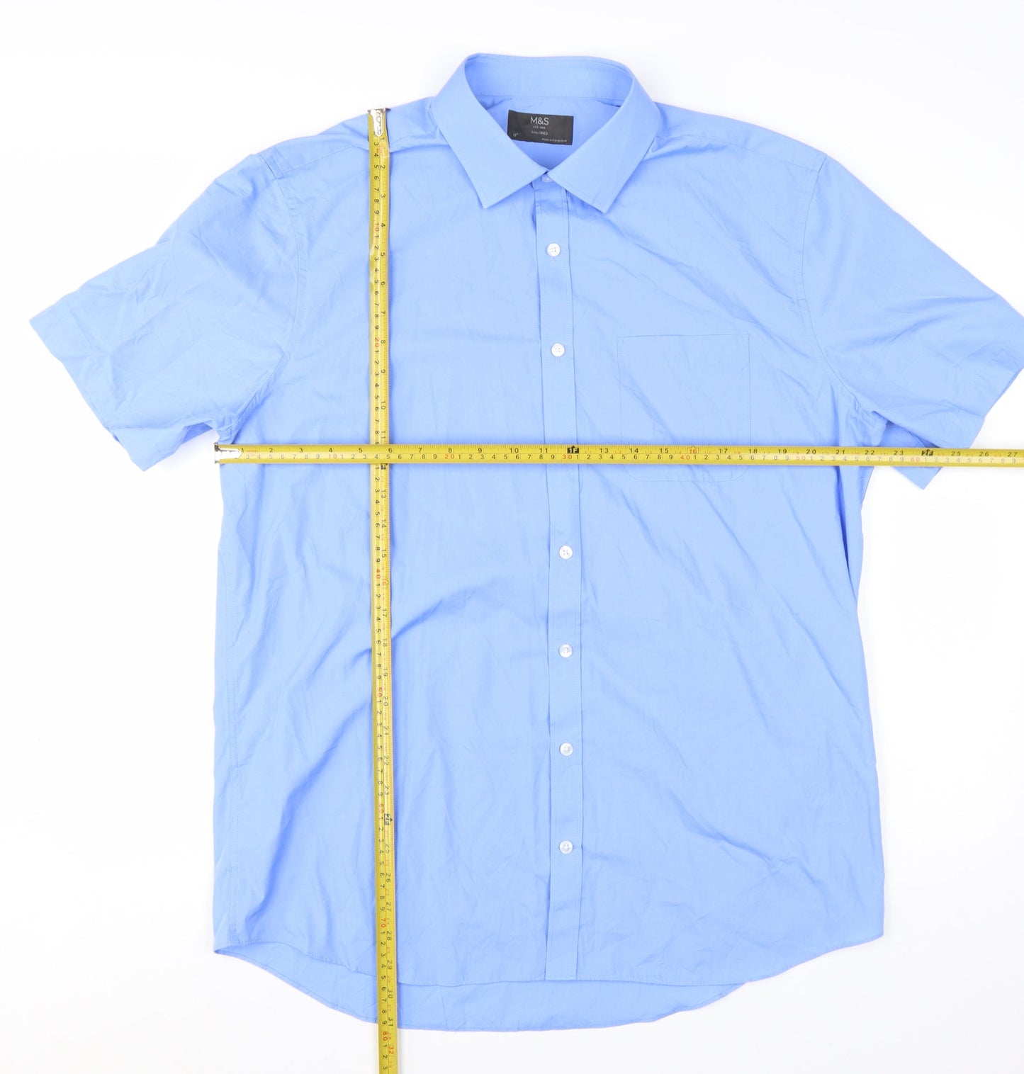 Marks and Spencer Men's Blue Tailored Short Sleeve Dress Shirt 17in
