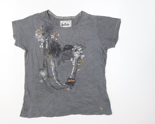 Lee Cooper Women Grey Beaded Cotton T-Shirt Size 16