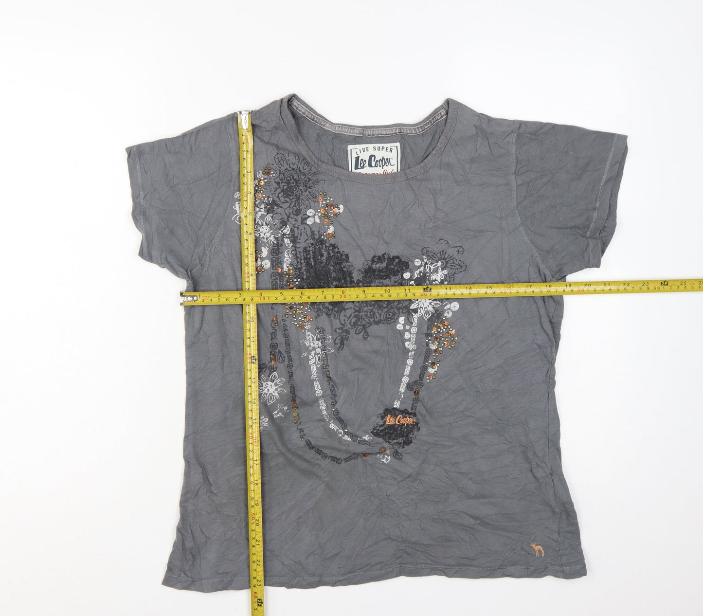 Lee Cooper Women Grey Beaded Cotton T-Shirt Size 16