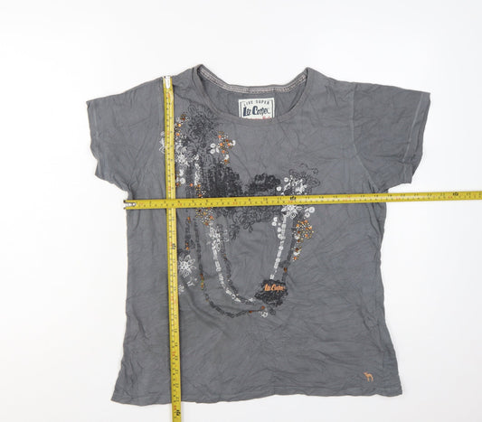 Lee Cooper Women Grey Beaded Cotton T-Shirt Size 16