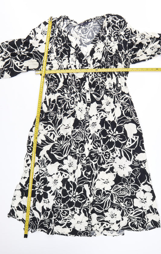Marks and Spencer Women's Black Floral Midi Fit & Flare Dress Size 16