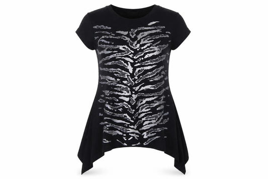 Front view of Roman Originals Women’s Black Animal Print Sequin Tunic Top, size UK 12