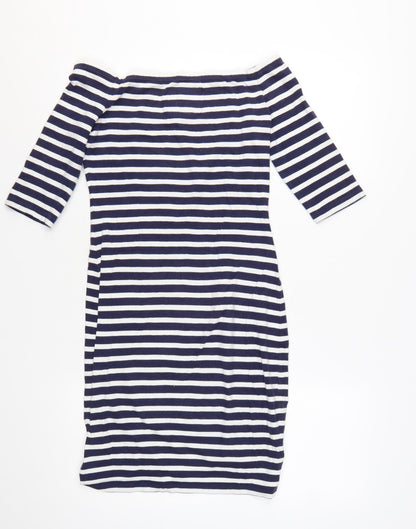 Superdry Womens Blue Striped Off Shoulder Bodycon Dress Size S