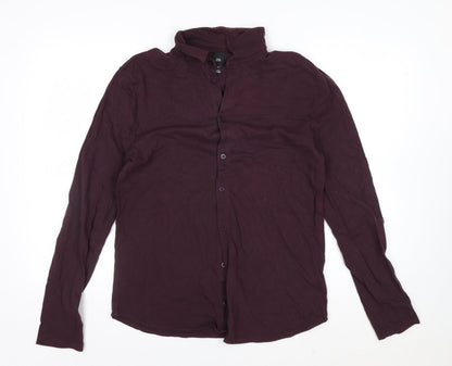 River Island Men's Purple Band Collar Long Sleeve Cotton Shirt M
