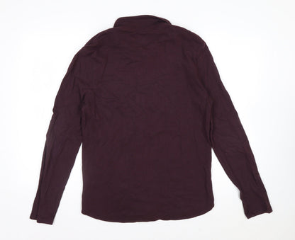 River Island Men's Purple Band Collar Long Sleeve Cotton Shirt M