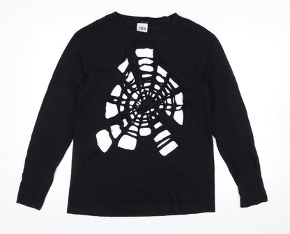 Zara Women Black Long Sleeve Cutout Spider Web Cotton Top Size 12