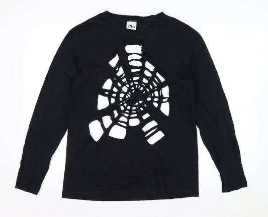 Zara Women Black Long Sleeve Cutout Spider Web Cotton Top Size 12
