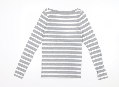 GAP Women Grey White Striped Boat Neck Long Sleeve T-Shirt Size S