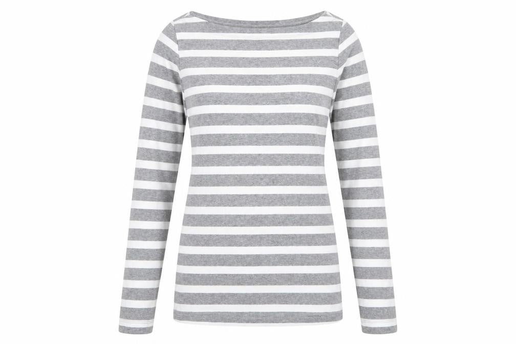 GAP Women Grey White Striped Boat Neck Long Sleeve T-Shirt Size S