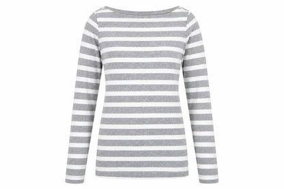 GAP Women Grey White Striped Boat Neck Long Sleeve T-Shirt Size S