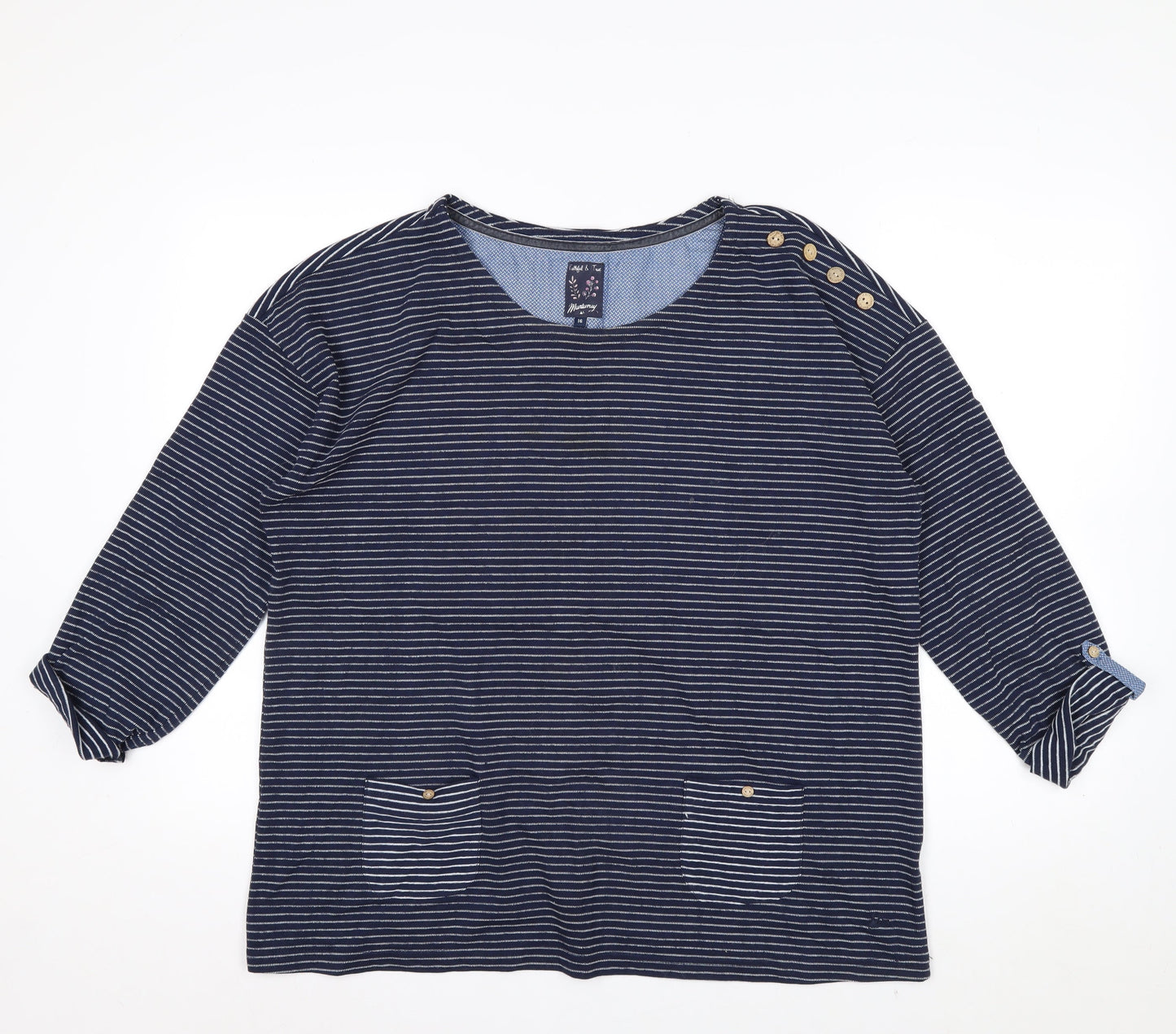 Mantaray Women Blue Striped 3/4 Sleeve Cotton Jersey Top Size 16