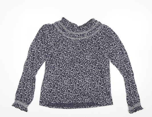 Marks and Spencer Women's Blue Floral High Neck Cotton Blouse Size 8